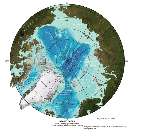 Figure 2. Arctic Ocean sea floor
Image reproduced from the GEBCO World map 2014, www.gebco.net
